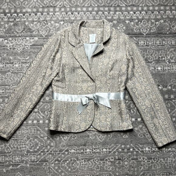 ODILLE Anthropologie BROCADE Jacket Blazer Size 8 Wool Blend Bow Detail Coquette - Picture 1 of 10